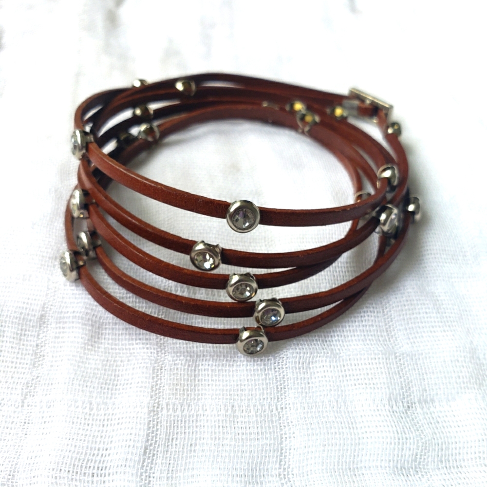 Boho Brown Bracelet Rhinestone Encrusted Silver Hardware Western Sparkly